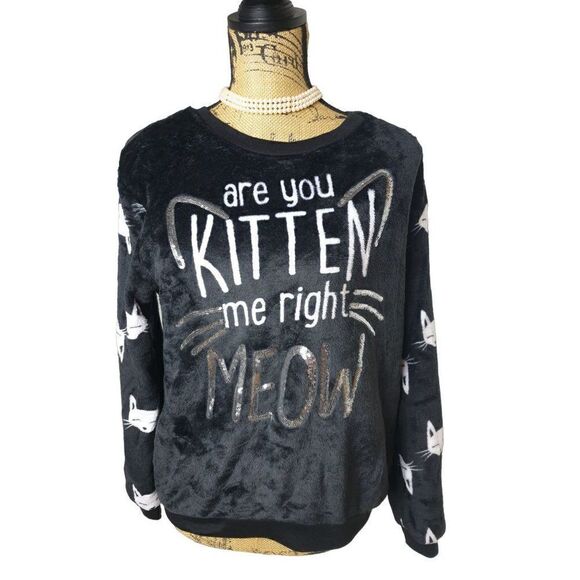 Women's Plush Sweater Sequin Kitten So Soft Black Pullover Sweatshirt M NWOT - Picture 4 of 8